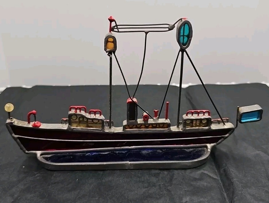 Stained Glass Sailing Ship Nautical Sail Boat Blue Red Handmade 7.25″ X 4.25″
