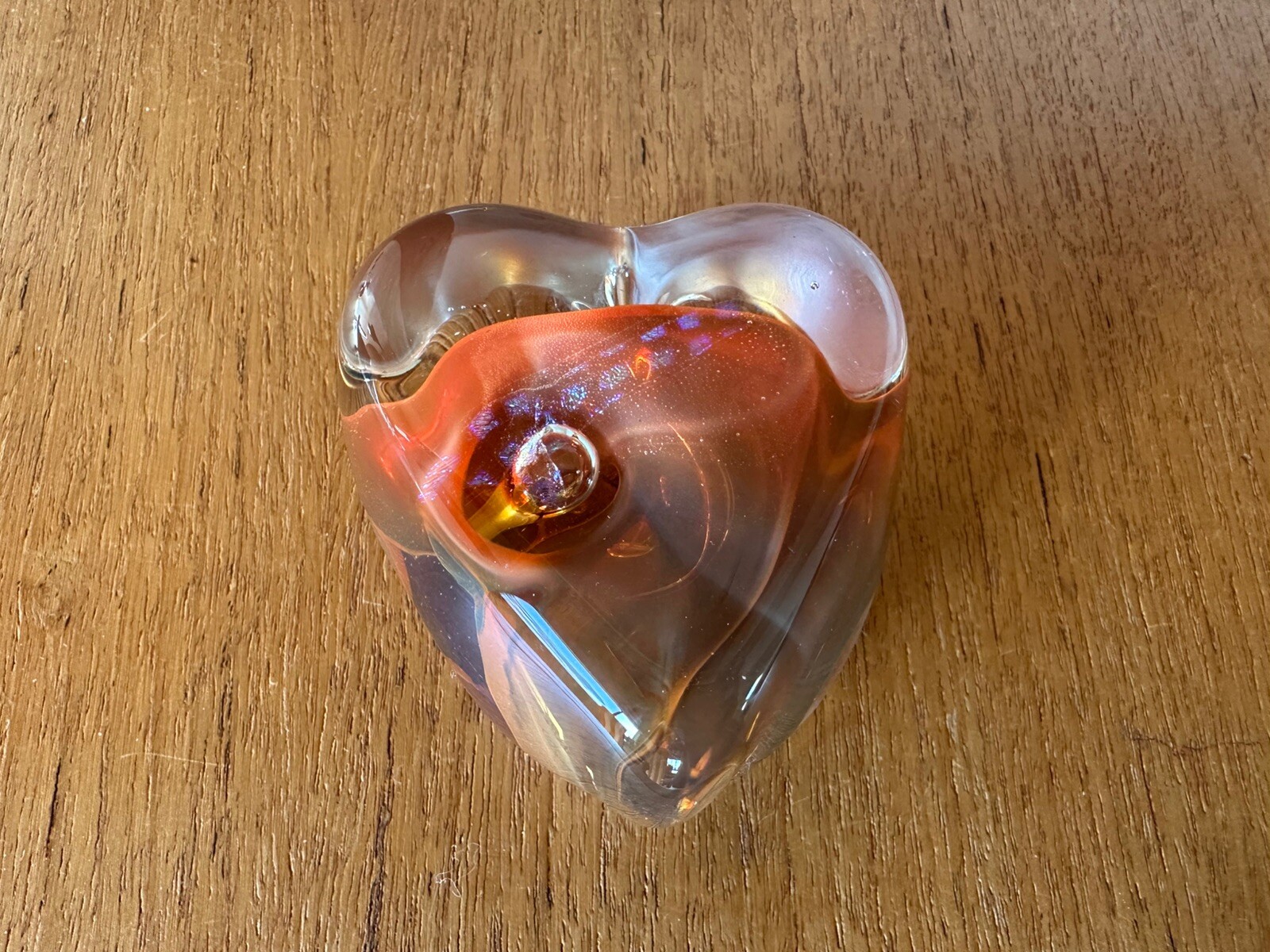 Karg Signed Art Glass Heart Paperweight Iridescent Swirl 2.5 in