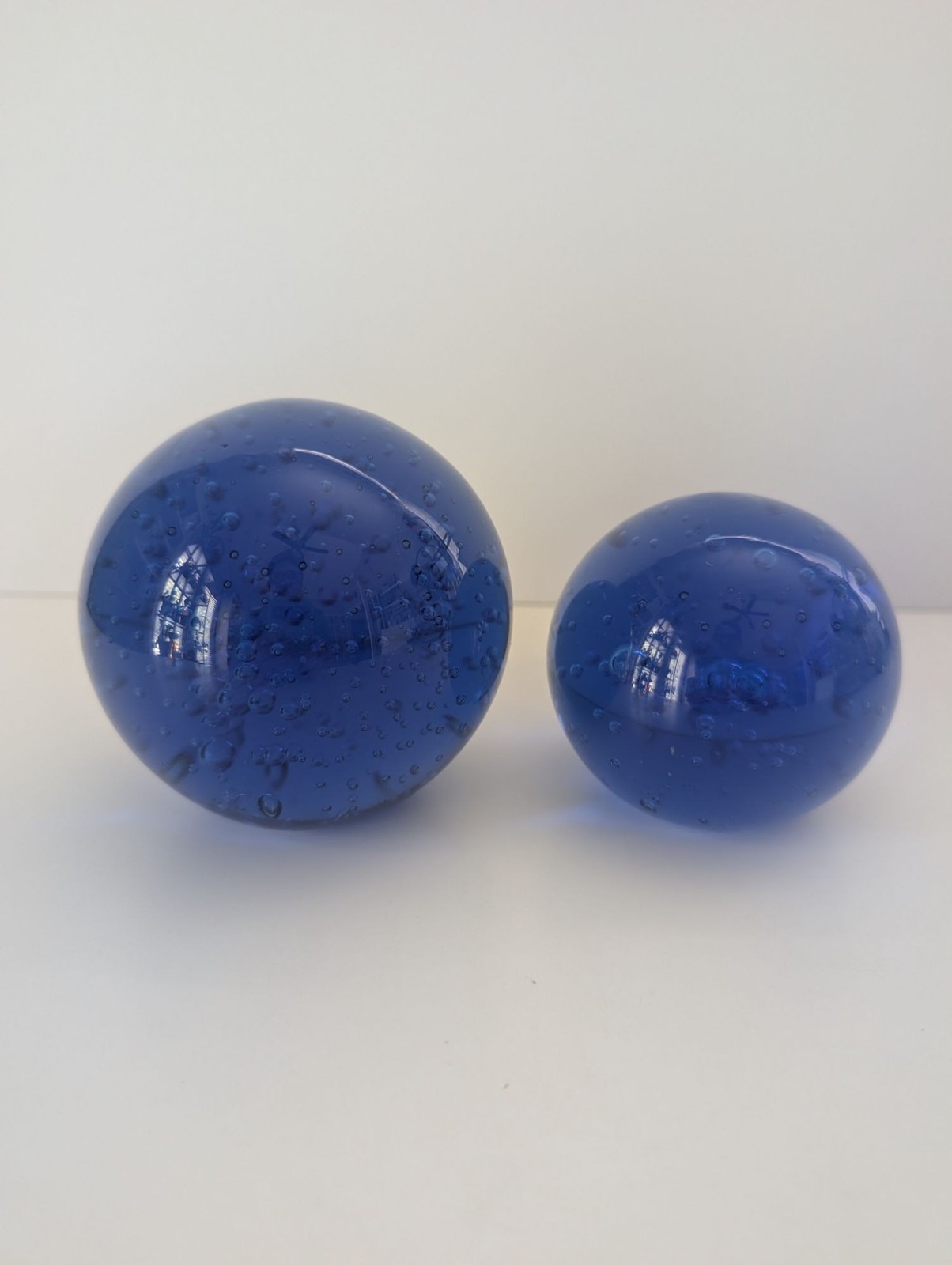 Handblown Blue Glass Bubble Orb Sphere Paperweights Set Of 2