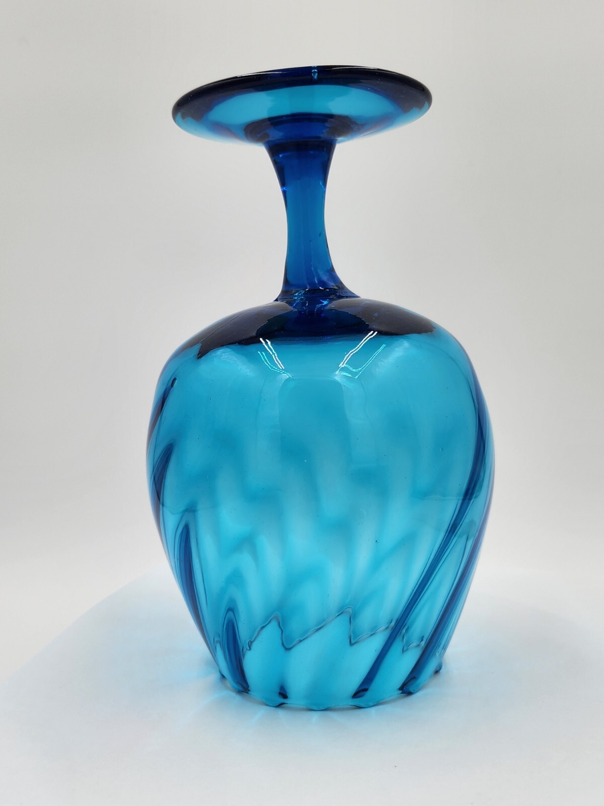 Empoli Optic Blue Art Glass Brandy Snifter Vase Swirl Scalloped Top Vtg 8.25″