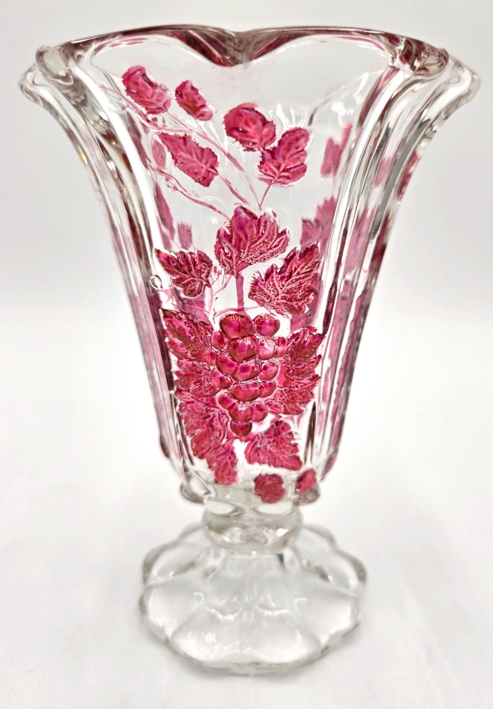 Vintage Westmoreland Paneled Grape Ruby Flashed Glass Pedestal Vases Pair 6″