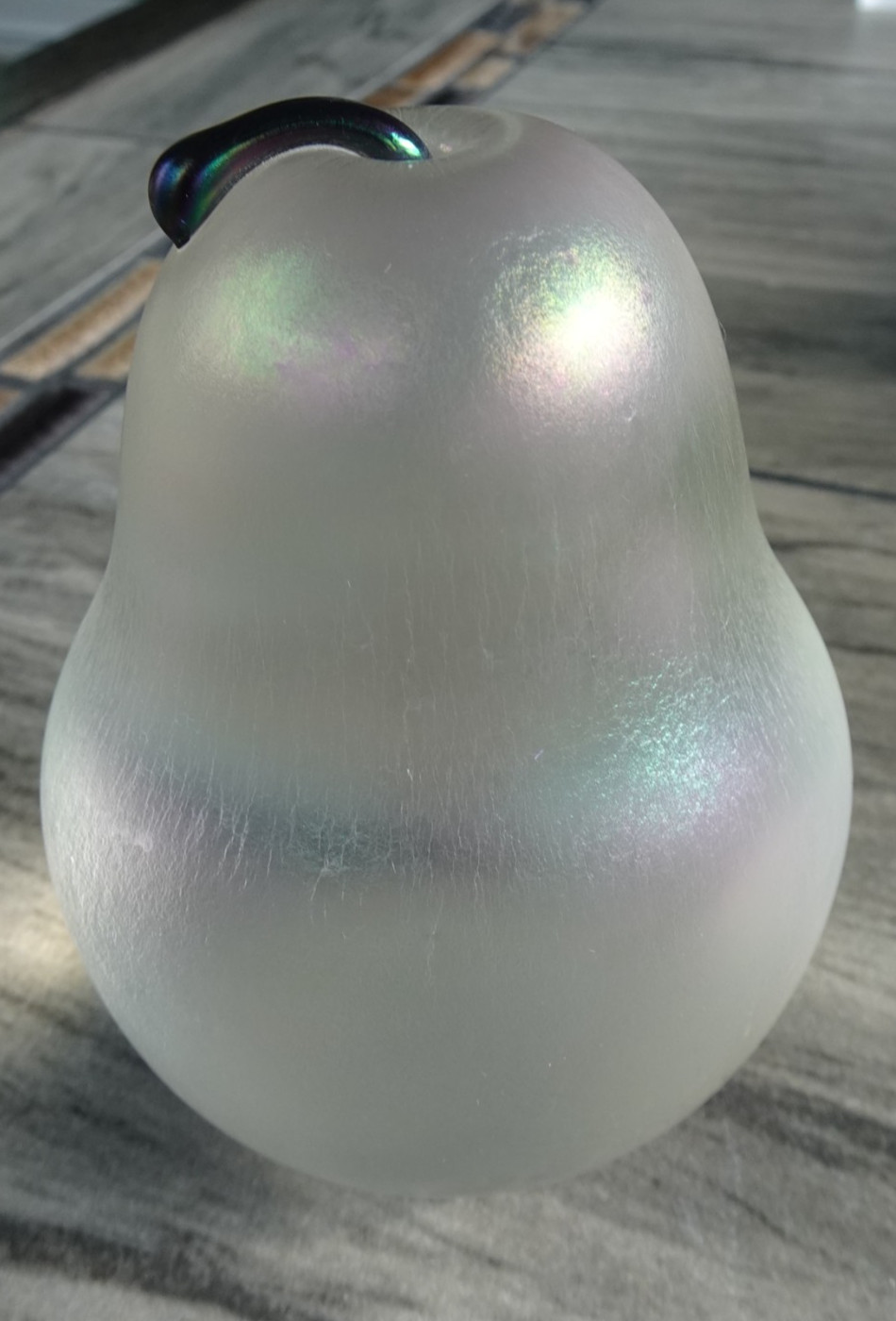 Signed Zellique Studio JM 2001 Iridescent Art Glass Pear Paperweight Morel