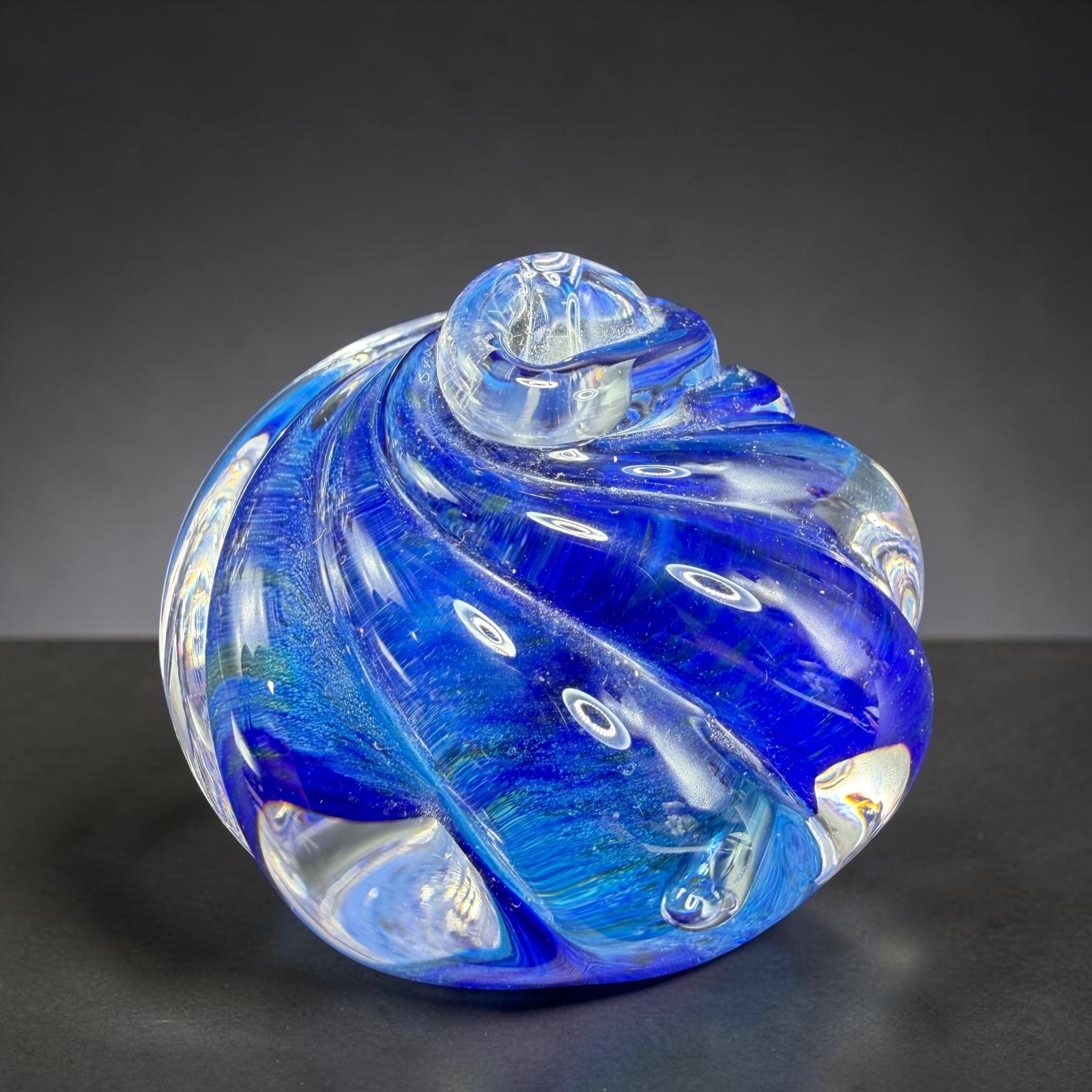 Blue Swirl Blown Glass Paperweight Cobalt Spiral Art Glass Small Hand Made VTG