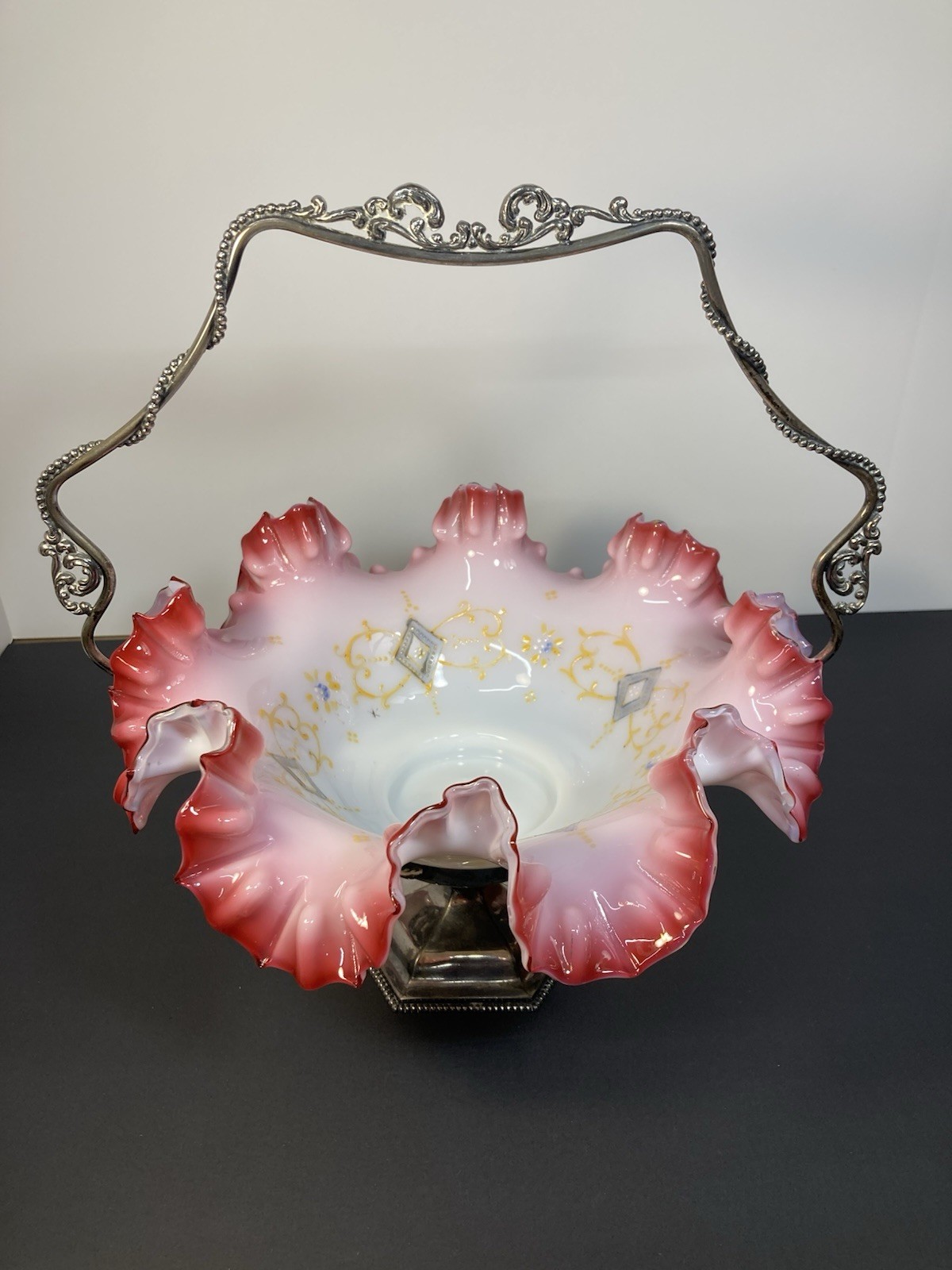 Antique Victorian Enameled Glass Ruffled Brides Basket/Bowl On Silverplate Frame