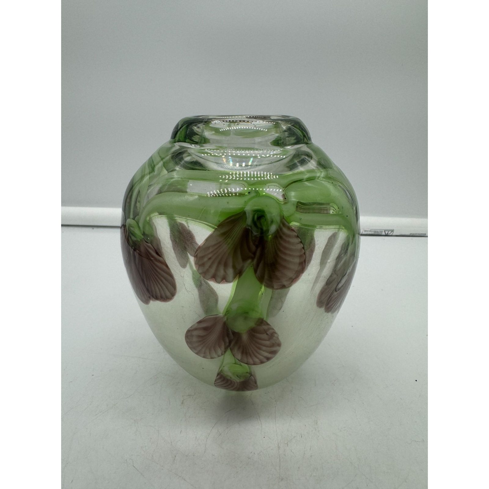 Heavy Clear Art Glass Vase with Purple Sweet Pea Flowers