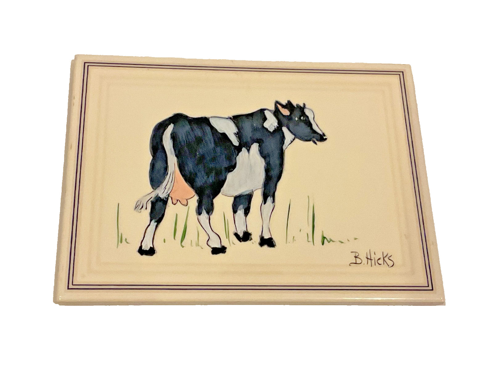 Vintage Clay Art Plaque Tile Farm Country Cow Signed B. Hicks