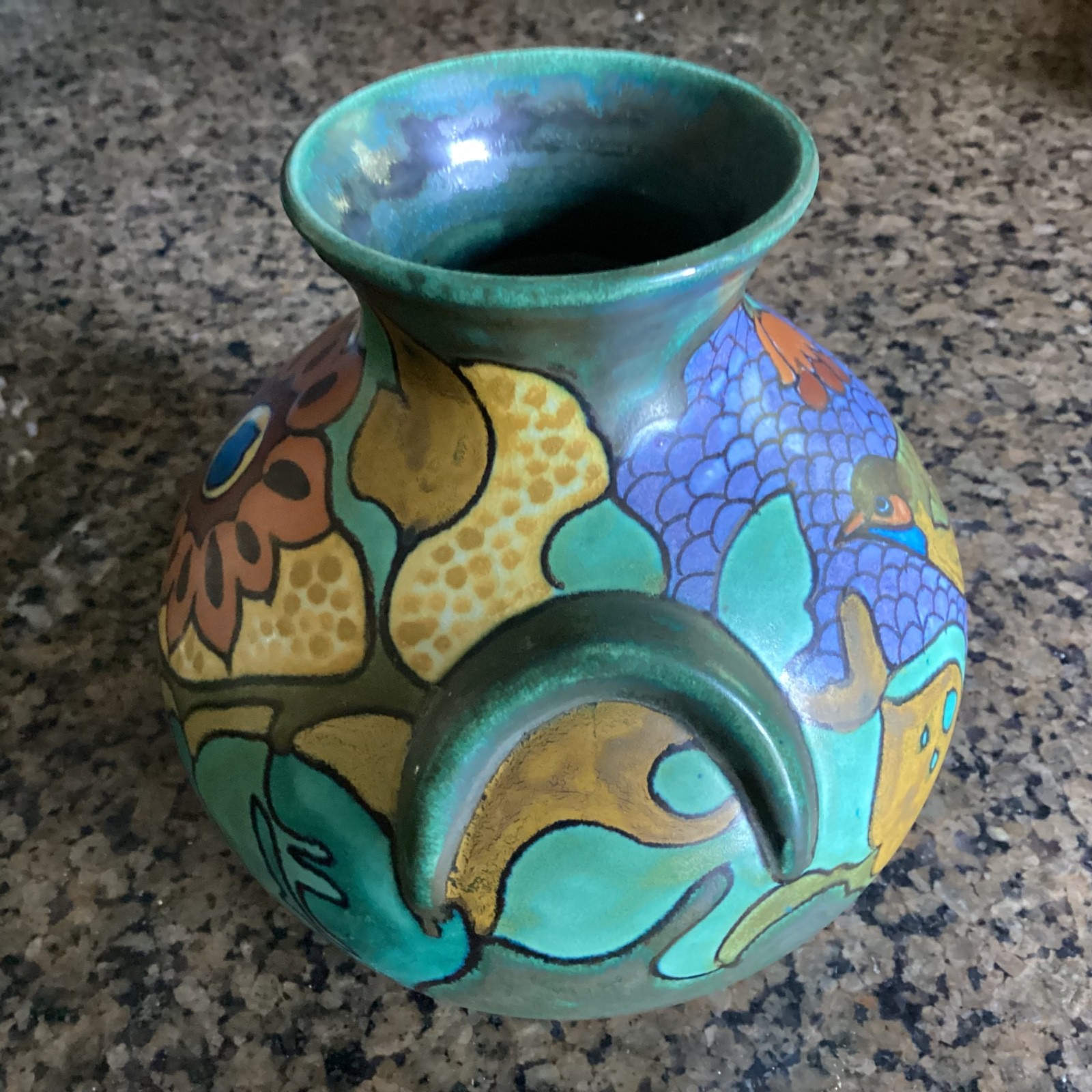 Vintage Gouda Holland Art Pottery Vase Handpainted Bird Art Deco Vase 5.5”