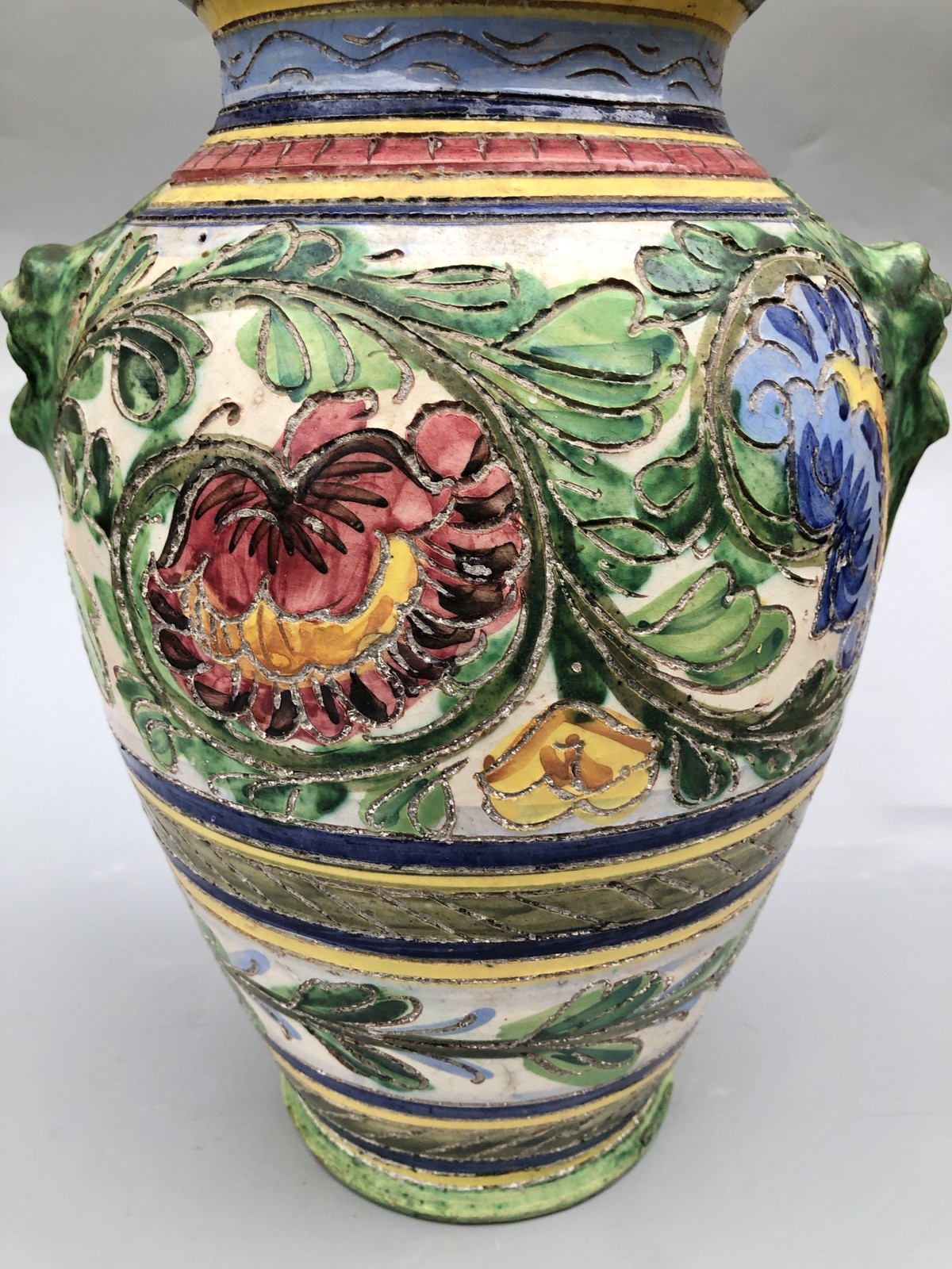 Vintage Italian Majolica Sgrafitto Polychrome Terracotta Pottery Vase READ