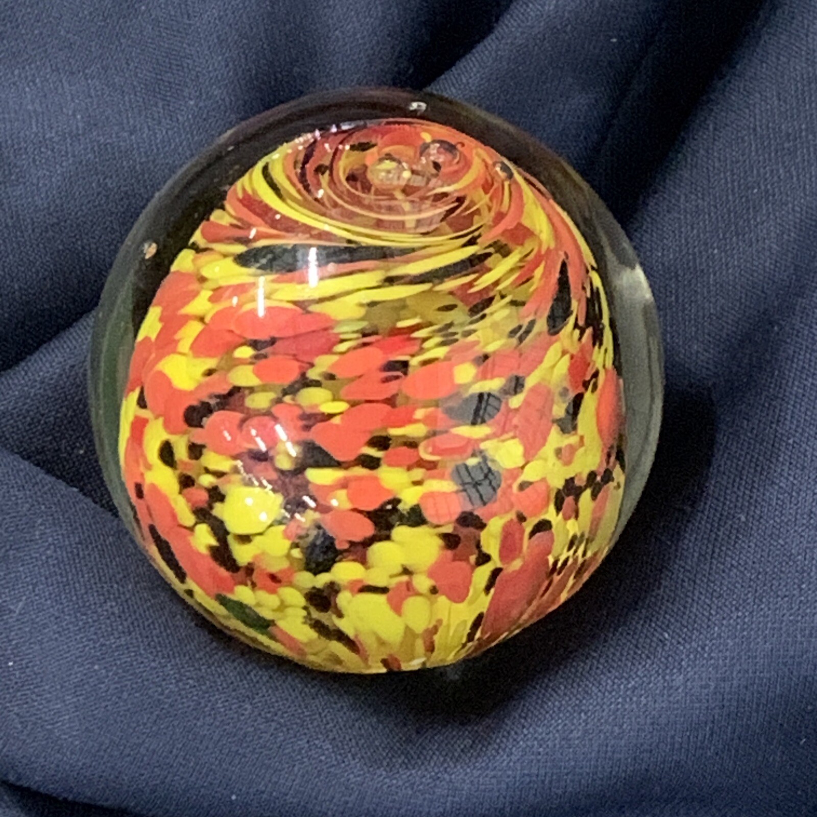 Vintage Glass Paperweight Hand Blown Round Sphere Red Yellow Black White Speckle