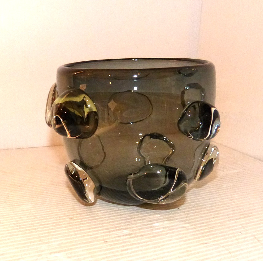 Modernistic Smoke Gray Bubbled Vase Applied Glass MCM Hand Blown Art Glass 2