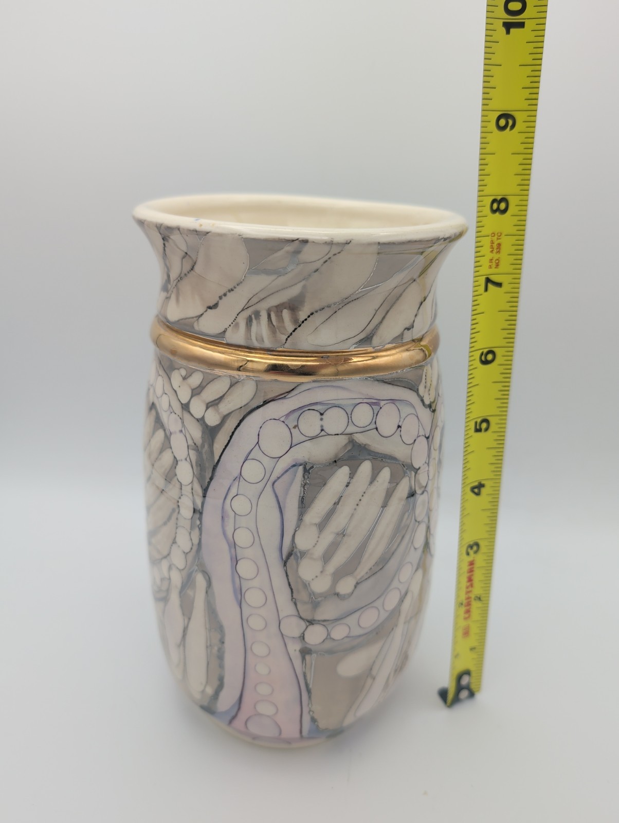 Studio Art Pottery Hand Painted Ceramic Vase Gold Band Iridescent 7 5/8″ Tall