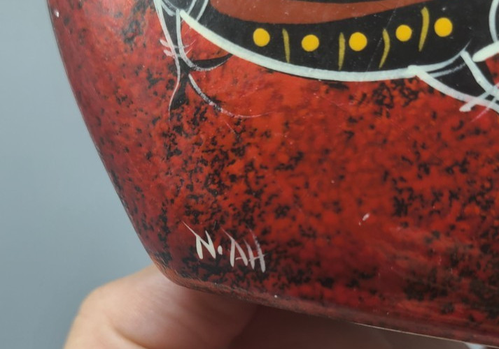 Australian Waterhole Dreaming Pottery Vase Hand Painted Folk Art Signed N.AH
