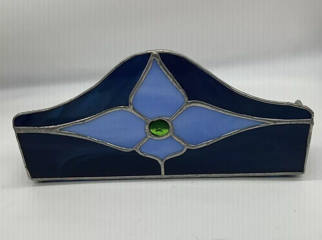 Stained Glass Blue Card Holder. Extra Long . Handmade, Vtg. Beautiful!