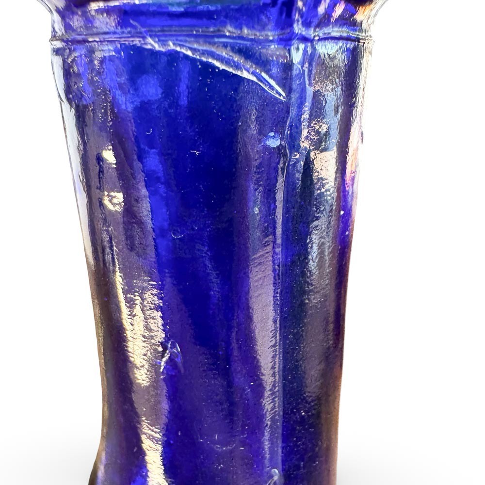 Vintage Cobalt Blue Triangular Glass Bottle Vase 9.5″ Geometric Decor