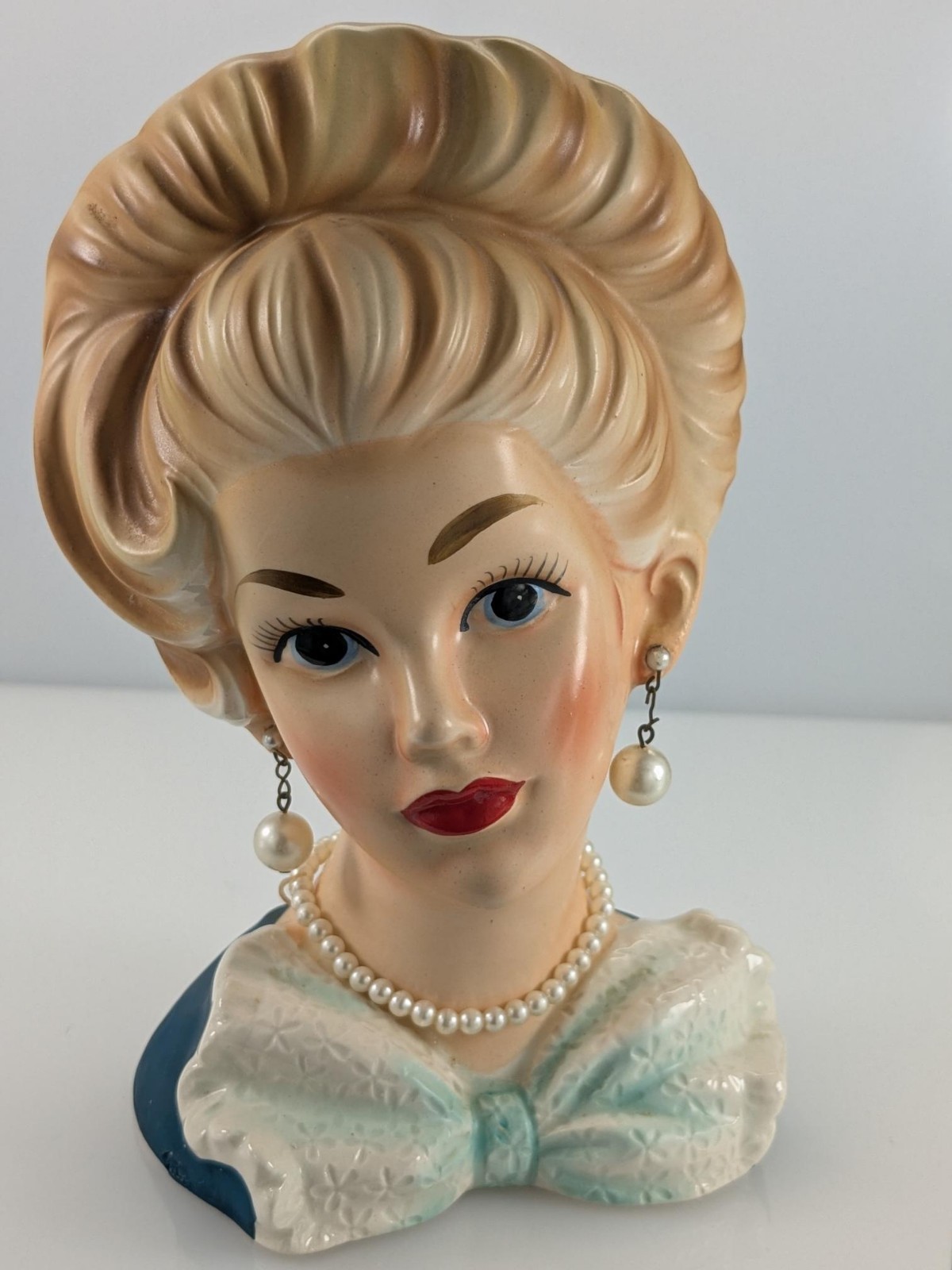 Vintage Lady Head Vase Glossy Relpo K1816 Glassy Makeup Big Bow Original Jewelry