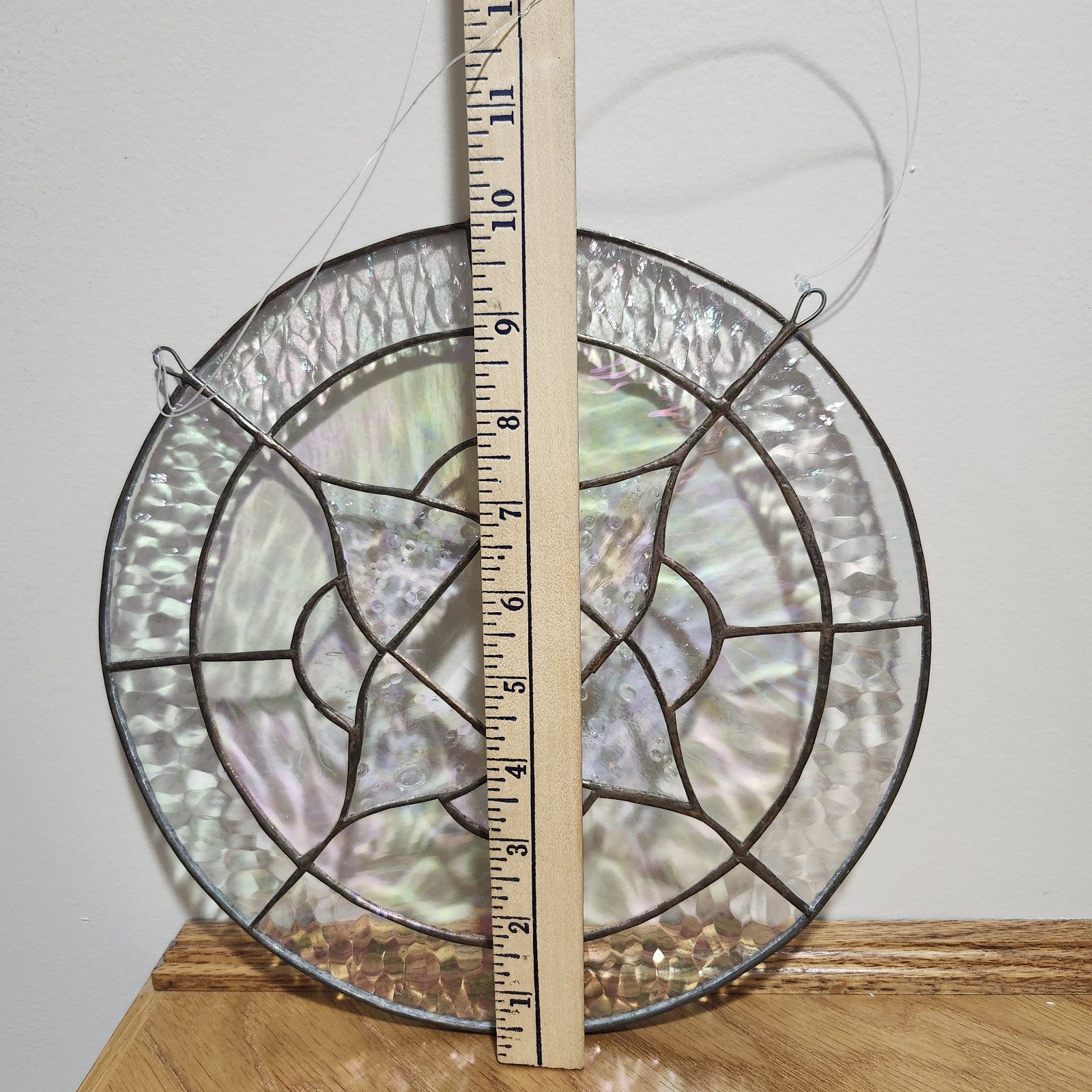 Handcrafted stained glass Metal Frame Clear Round Irredesent window panel 10″