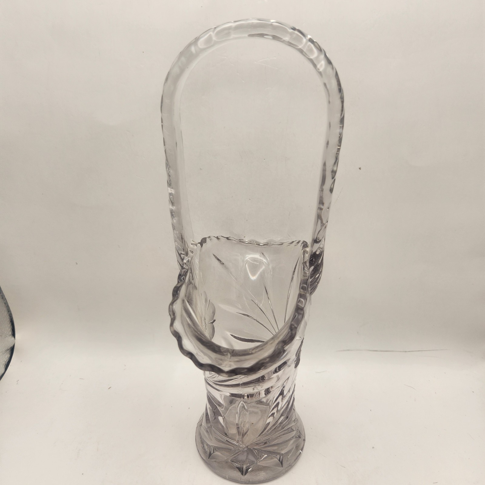 Vtg Duncan Miller Clear 8 Wheel Cut Flowers Floral Glass Brides Basket Vase 9½”