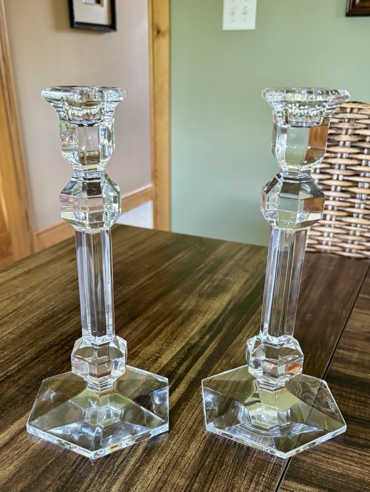 Lead Crystal Pair Candlesticks Taper Candle Holders Val St Lambert 9-1/2 Belgium
