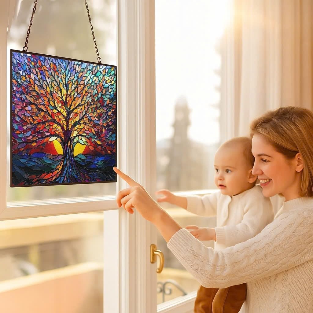 Rectangle Tree of Life Stained Glass Window Hanging Window Suncatcher Glass P…