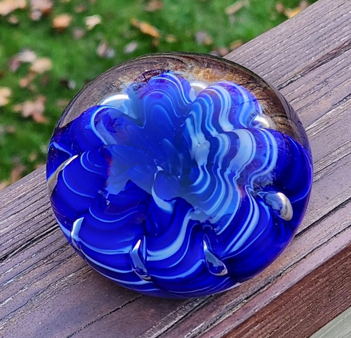 Art Glass Paperweight Signed Joe St Claire Dark Blue Ribbon Crimp Control Bubble