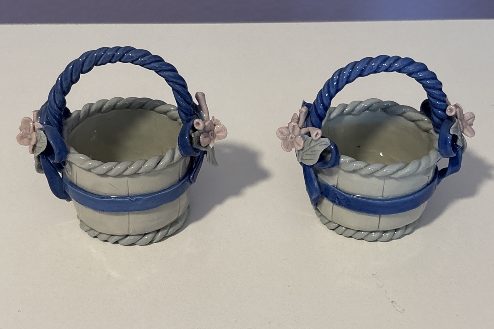 2 Vintage Mini Blue Ceramic Baskets Flower Embellishments & Braided Handle 3.5″H