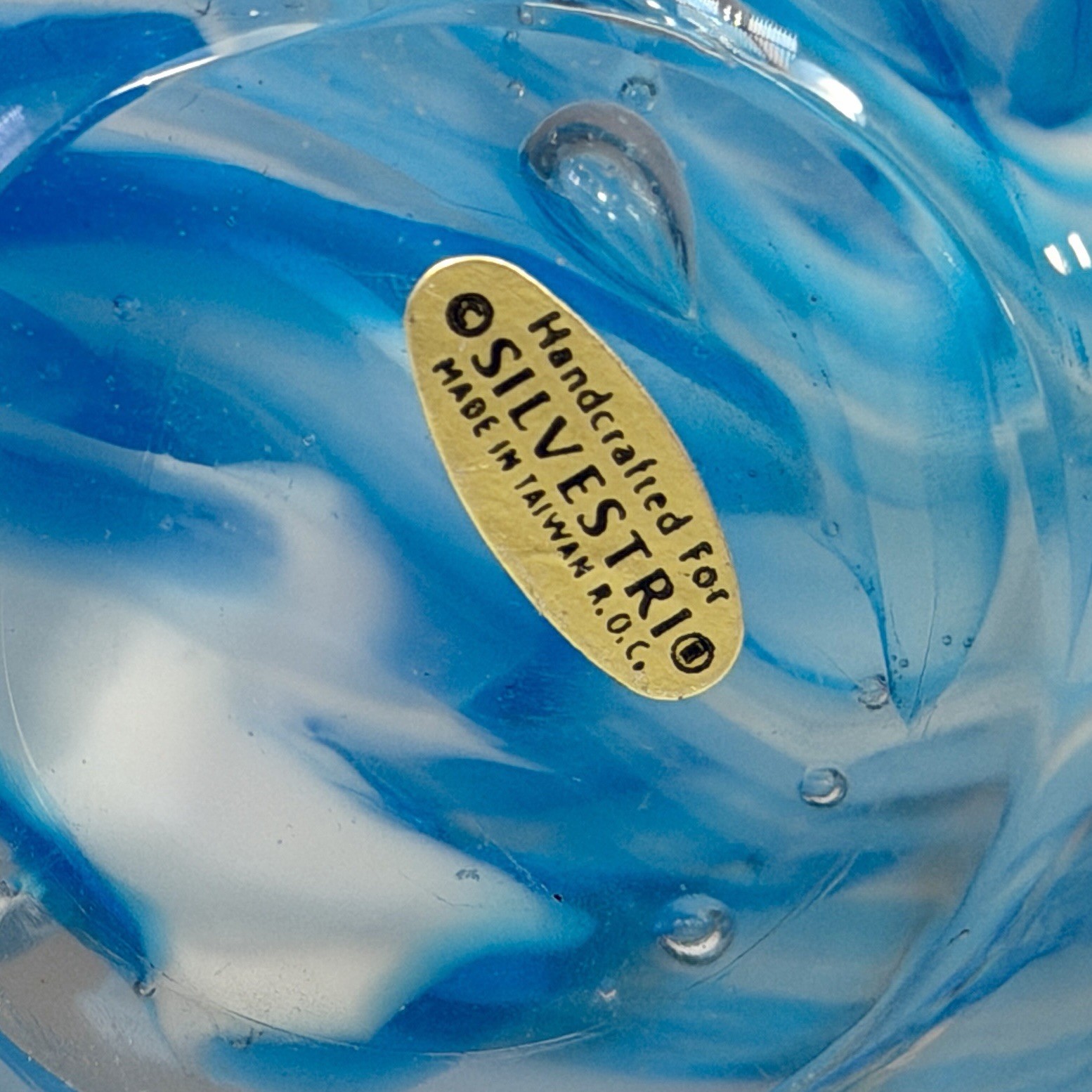 VTG Silvestri Art Glass Paperweight 3” Orb Coastal Blue White Swirl Bubble Mod