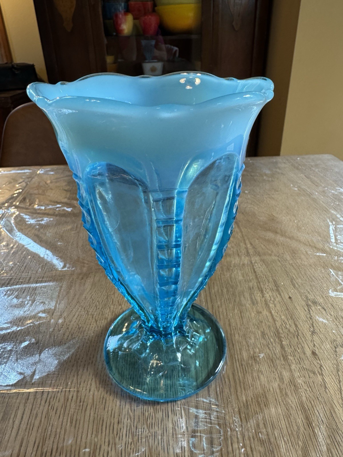 Jefferson Glass Blue Opalescent Vase – Victorian Zipper & Loop Design