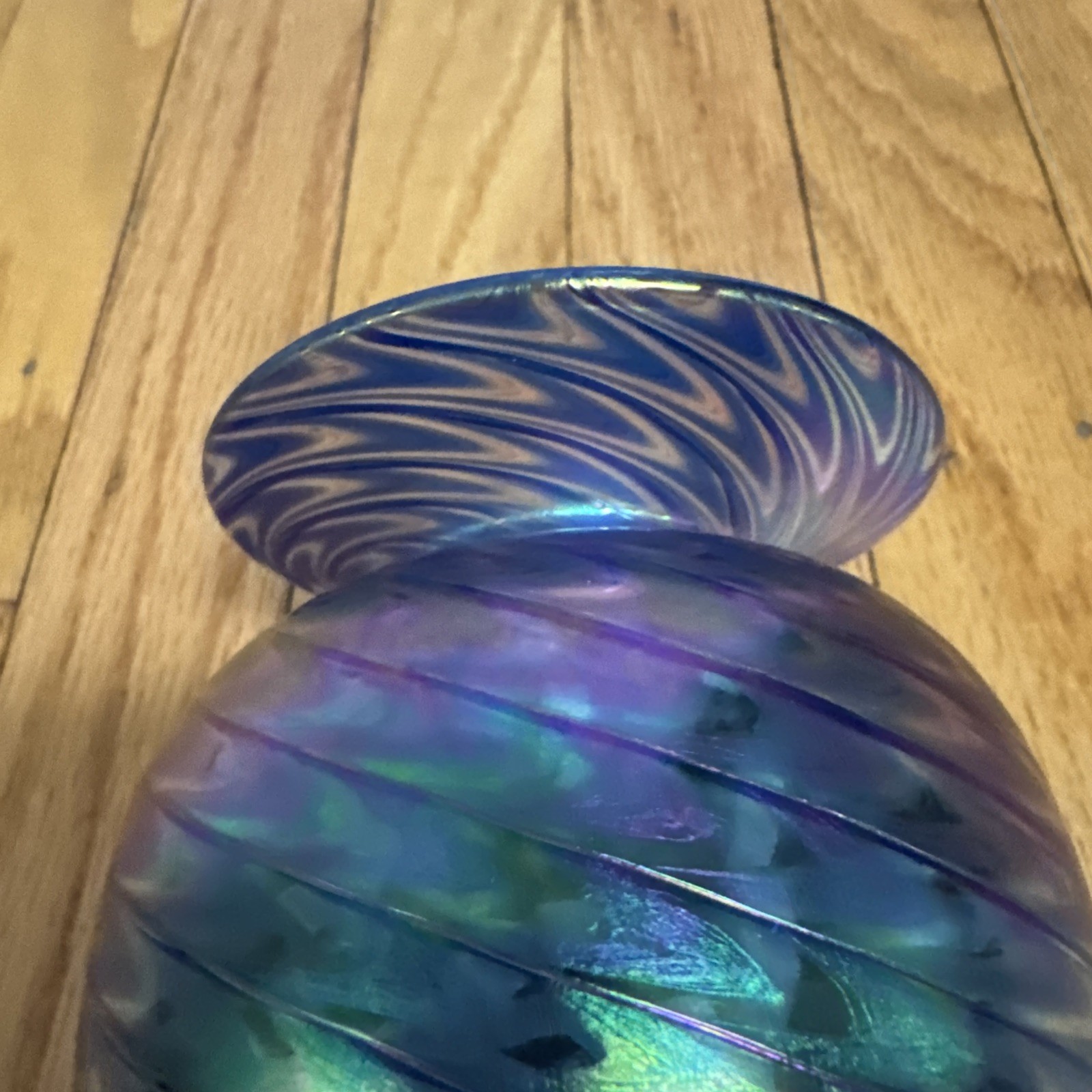 VTG The Glass Eye Studio Pulled Feather Vase 6” MSH 1988 Blue Swirl Peacock Art