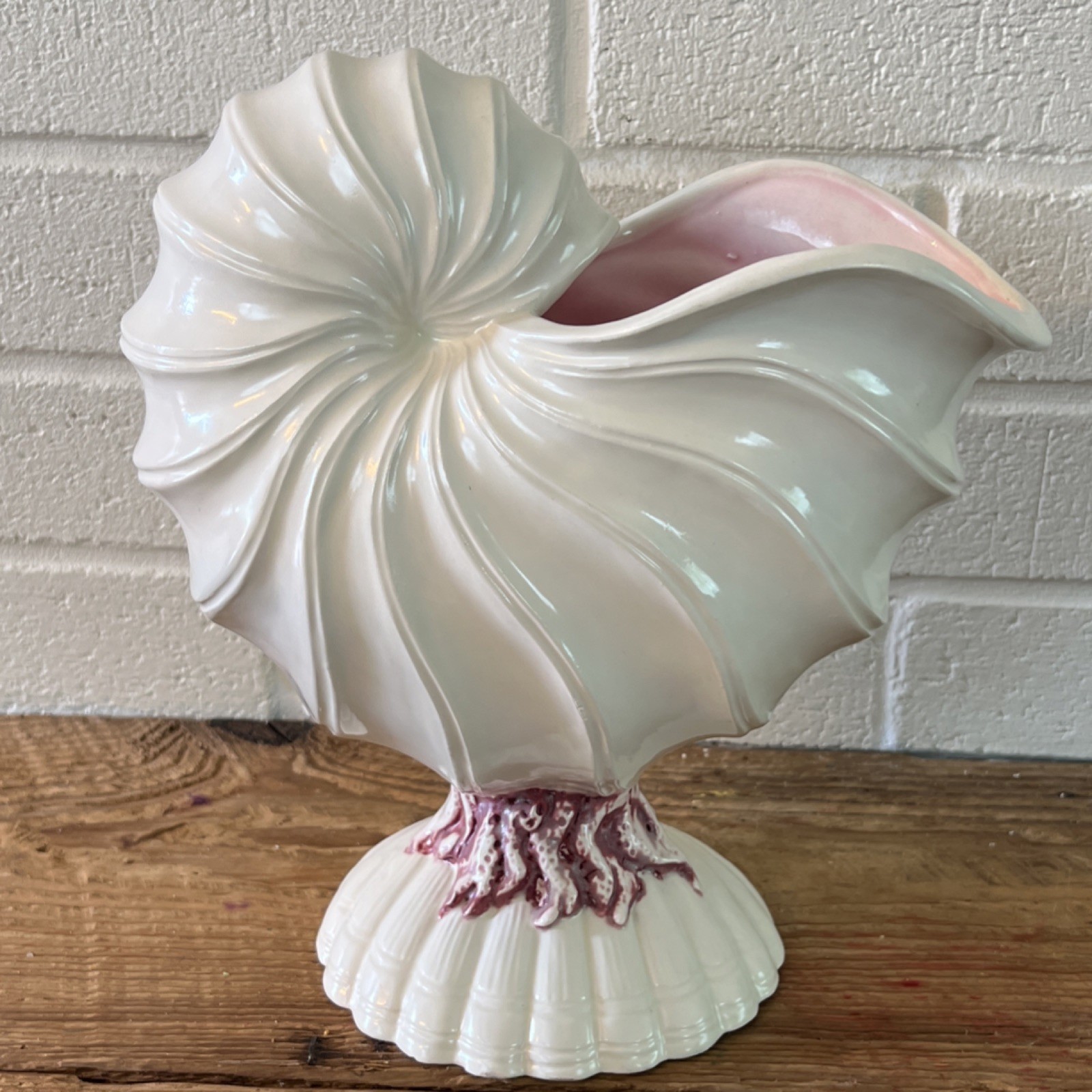 Vintage Ceramic Decorative Vase Conch Shell Shaped White Pink Glossy