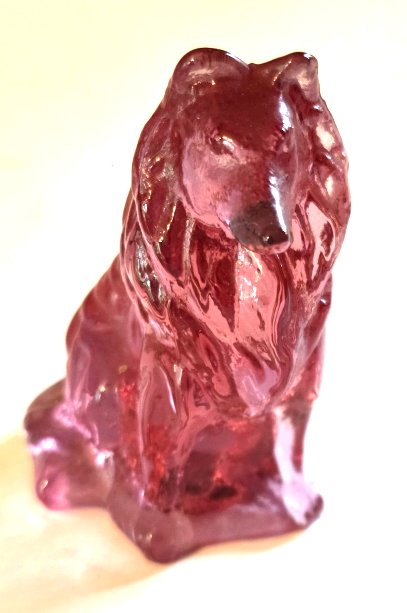 Mosser Medium PINK Glass Collie Dog Figurine 3 3/8″ Transparent Sitting VGC