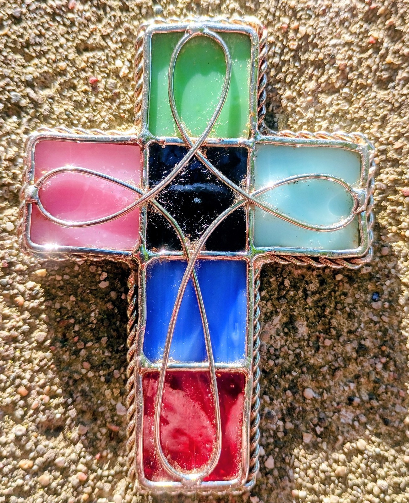 ​Vintage Stained Glass Cross Suncatcher Multicolor Wire Overlay Art Window…