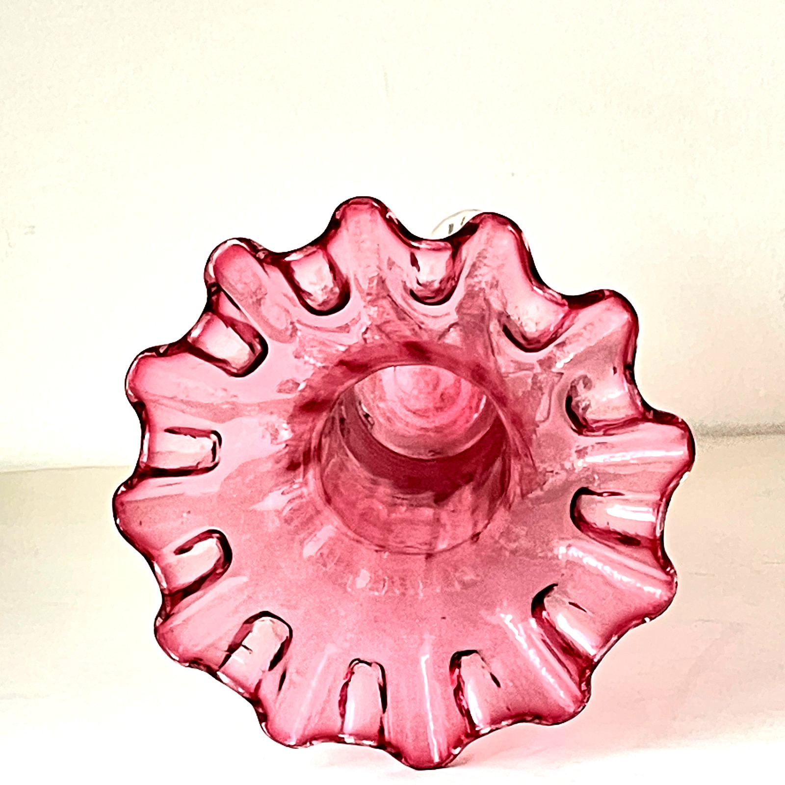 ANTIQUE CRANBERRY PINK TRUMPET VASE WITH RUFFLED RIM CLEAR APPLIED GLASS FEET