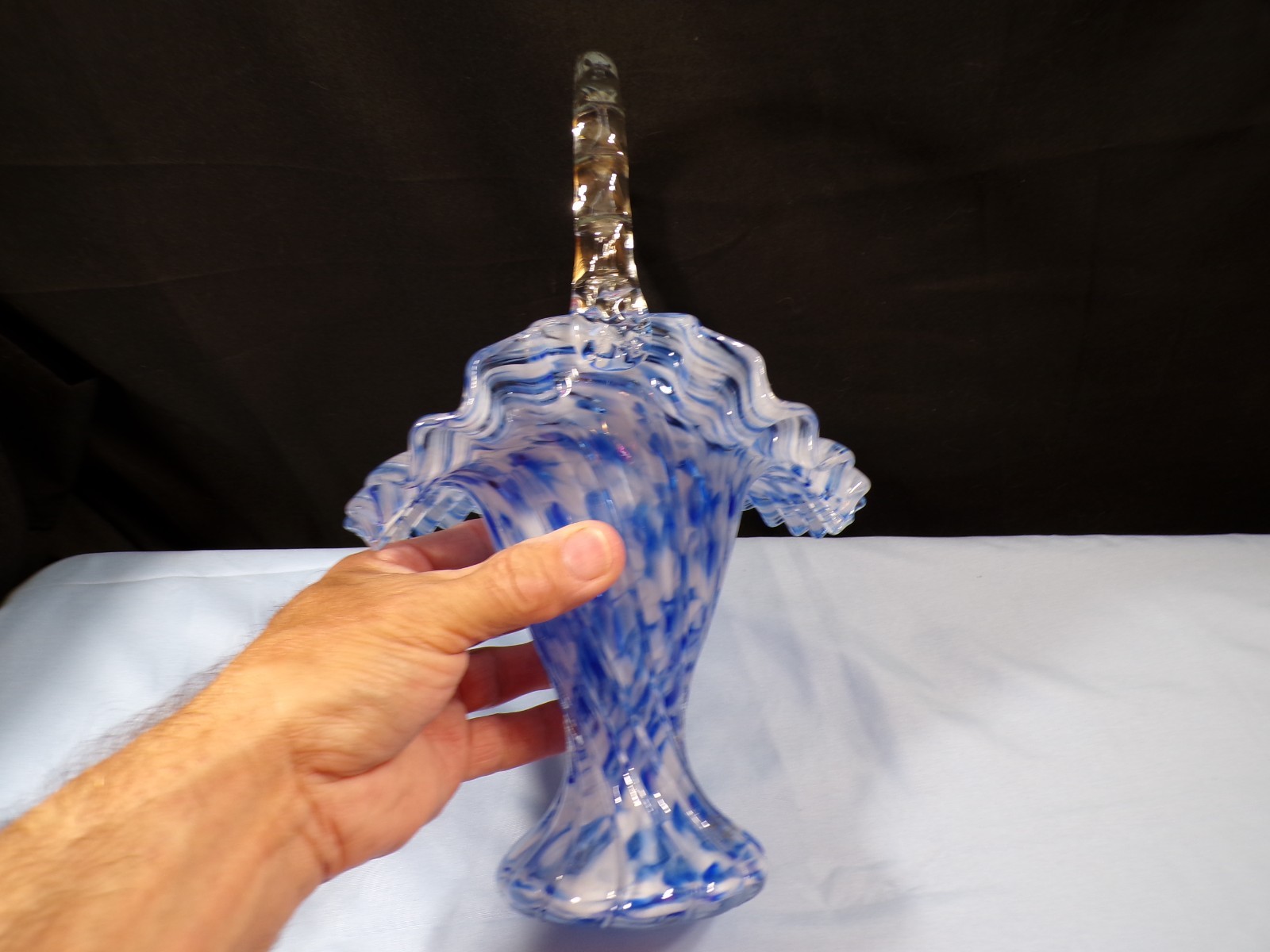 Fenton Vasa Murrhina Glass Blue Mist Basket – 10 3/4″ Tall