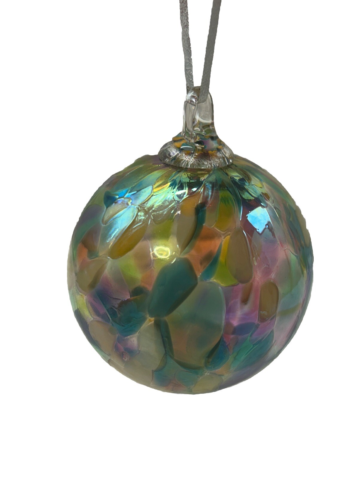 Hand Blown Art Glass Gazing Ball Blue Orange Iridescent 3.5″Ornament Sun Catcher
