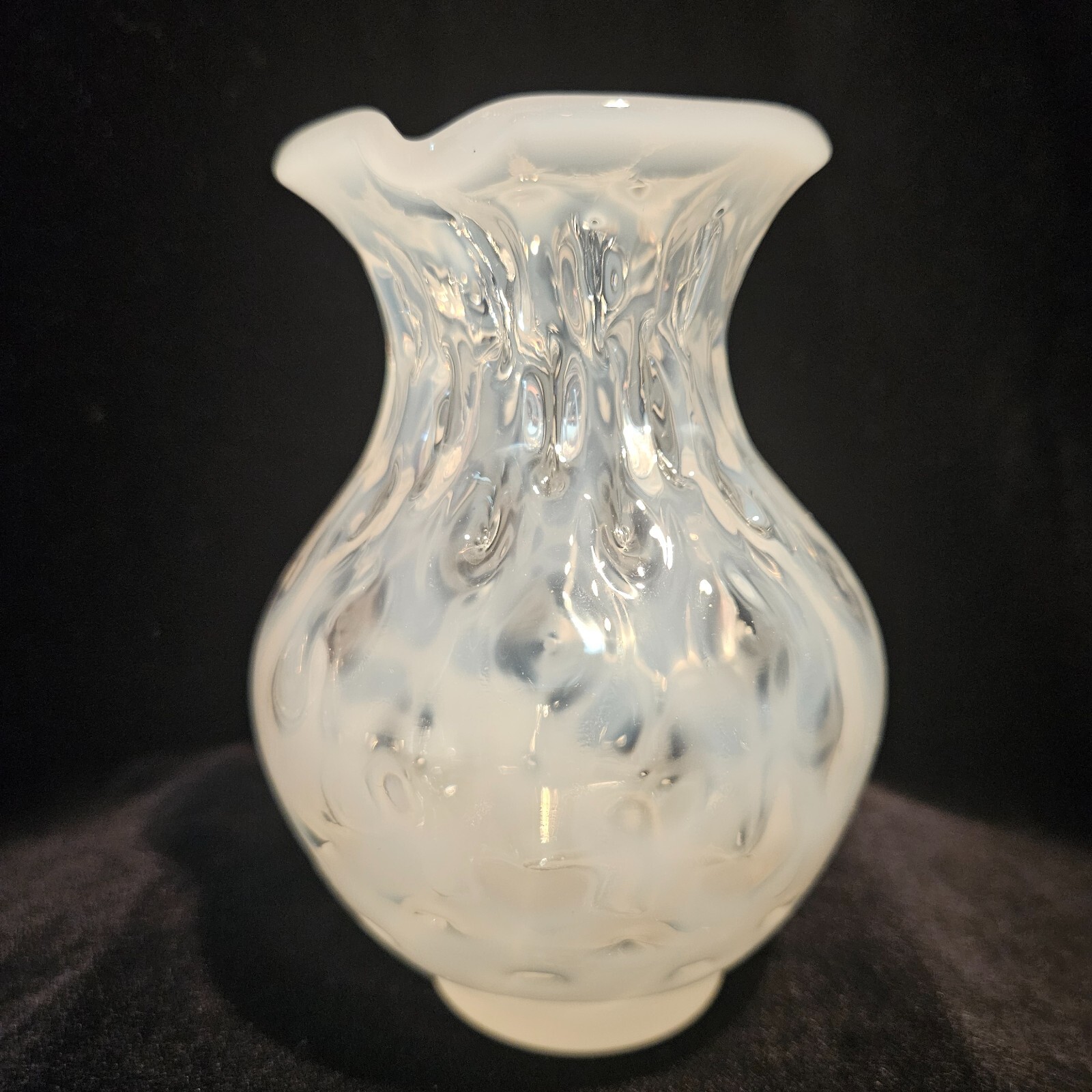 FENTON White Opalescent Coin Dot Pitcher Creamer Hand Blown Pinched Neck 4.5″