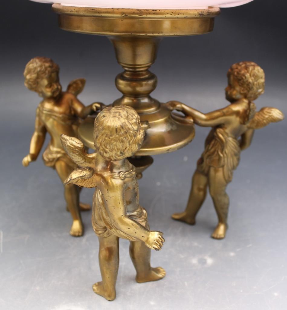 Ornate 19C Victorian Cased Pink Glass Brides Basket Bowl Centerpiece w/ Cherubs