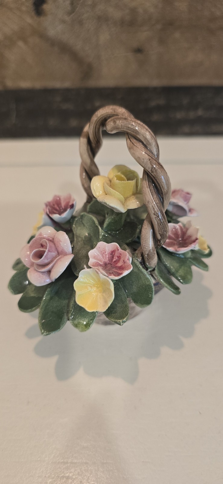 Vintage Miniature Nuova Capodimonte Italy Yellow Pink Flowers and Roses Basket
