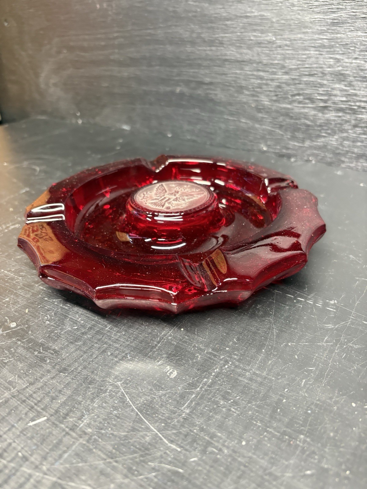 A Beautiful Vintage Ruby Red Fostoria 7.25” Glass Ashtray 1887 Coin Dot Design.