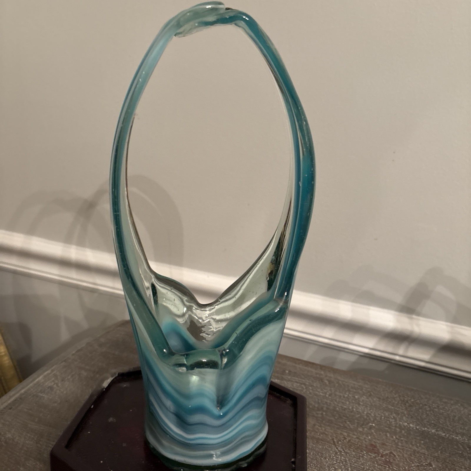 Vintage MCM Green Swirl Art Glass Murano Style Stretch Basket Vase 11.5”