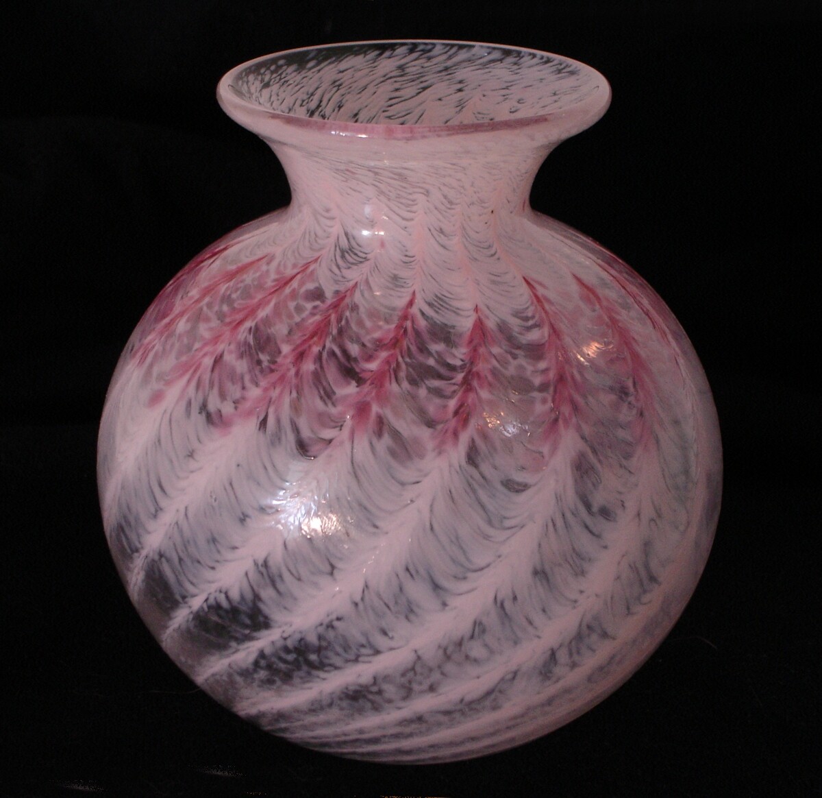 Vintage Studio Art Glass Vase Clear with White & Pink Feather Spatter Design