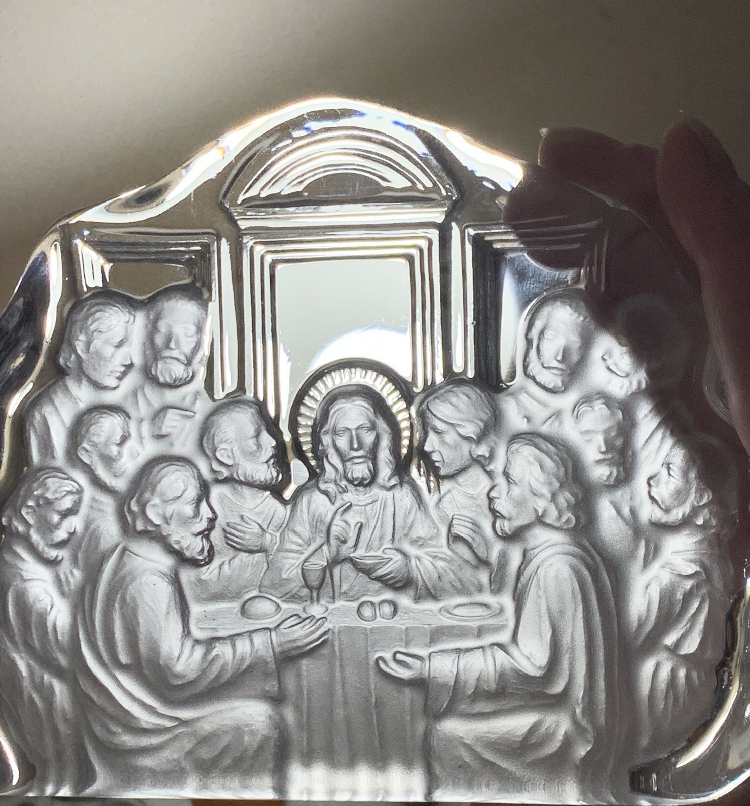 Glass Paperweight Jesus Last Supper Iceberg Style Etched 5” Tall