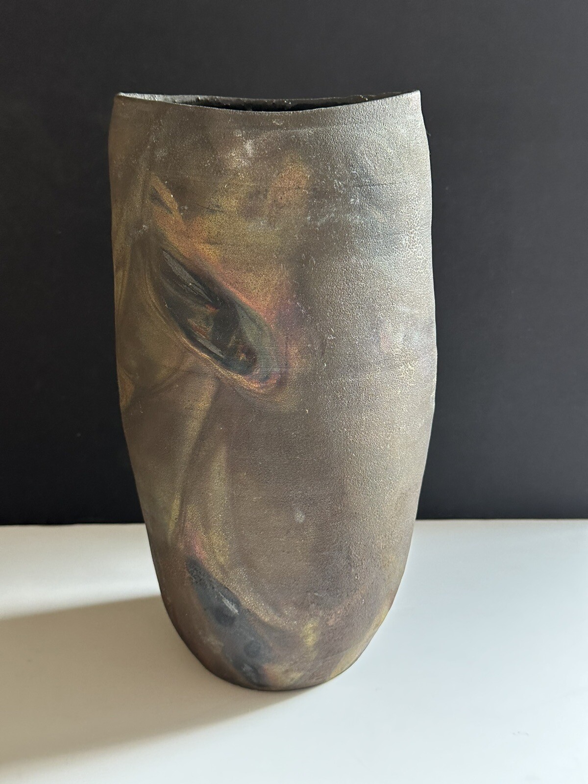 Raku Pottery Brutalist Vase Artist Signed 11.5” Wheel Thrown Abstract MCM