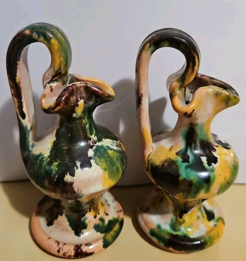 Williamsburg Pottery 4.5″ Set Of 2 Green Yellow Brown White Vase Vtg