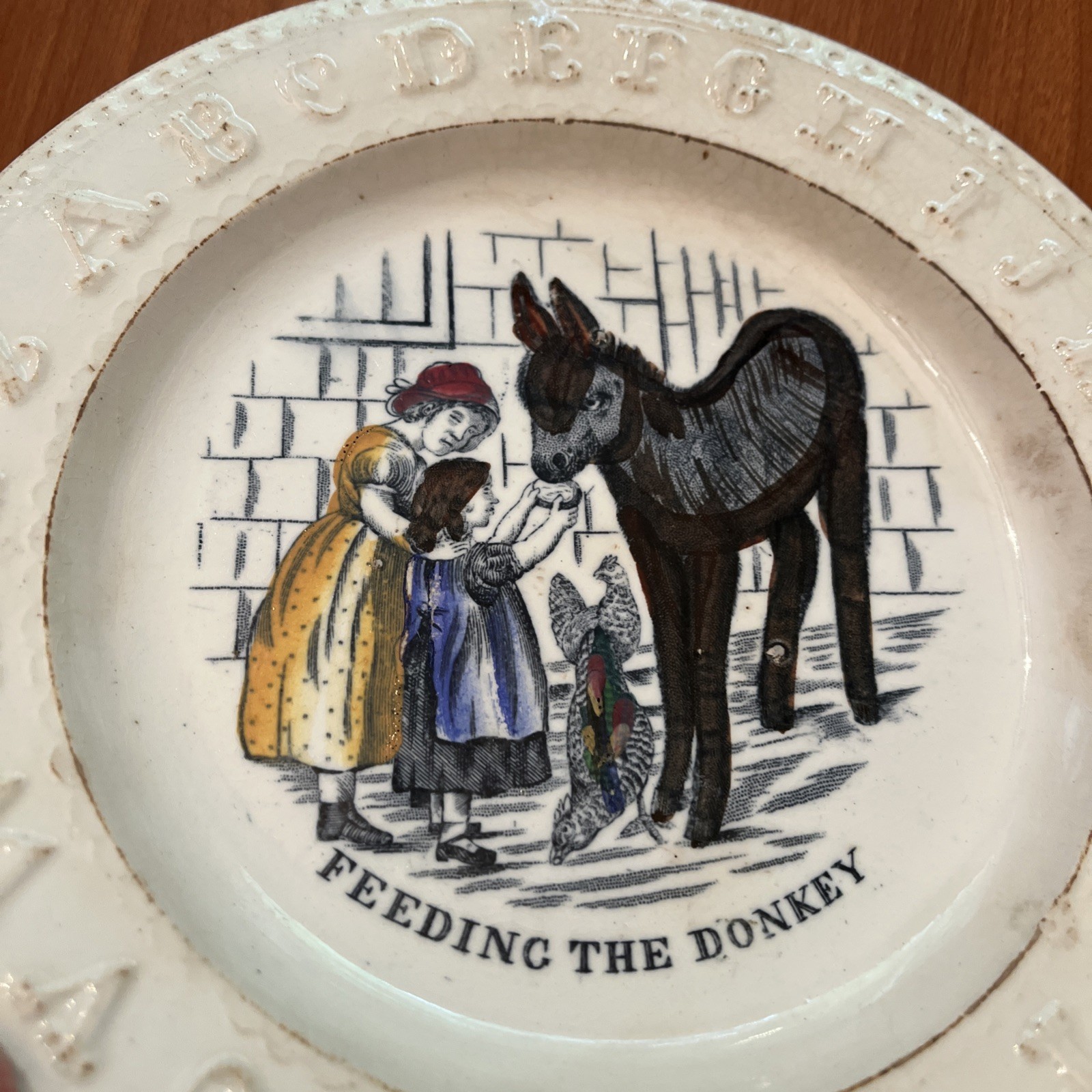 Antique Child’s ABC Plate “Feed The Donkey” Staffordshire #553 Cottage 1880s