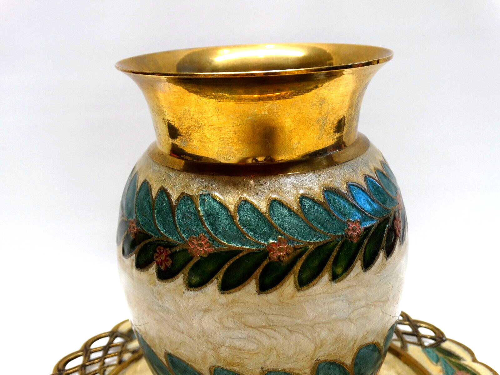 Cloisonné Brass Vase & Wall Hanging Plate w/Enameled Floral & Wreath Design EUC