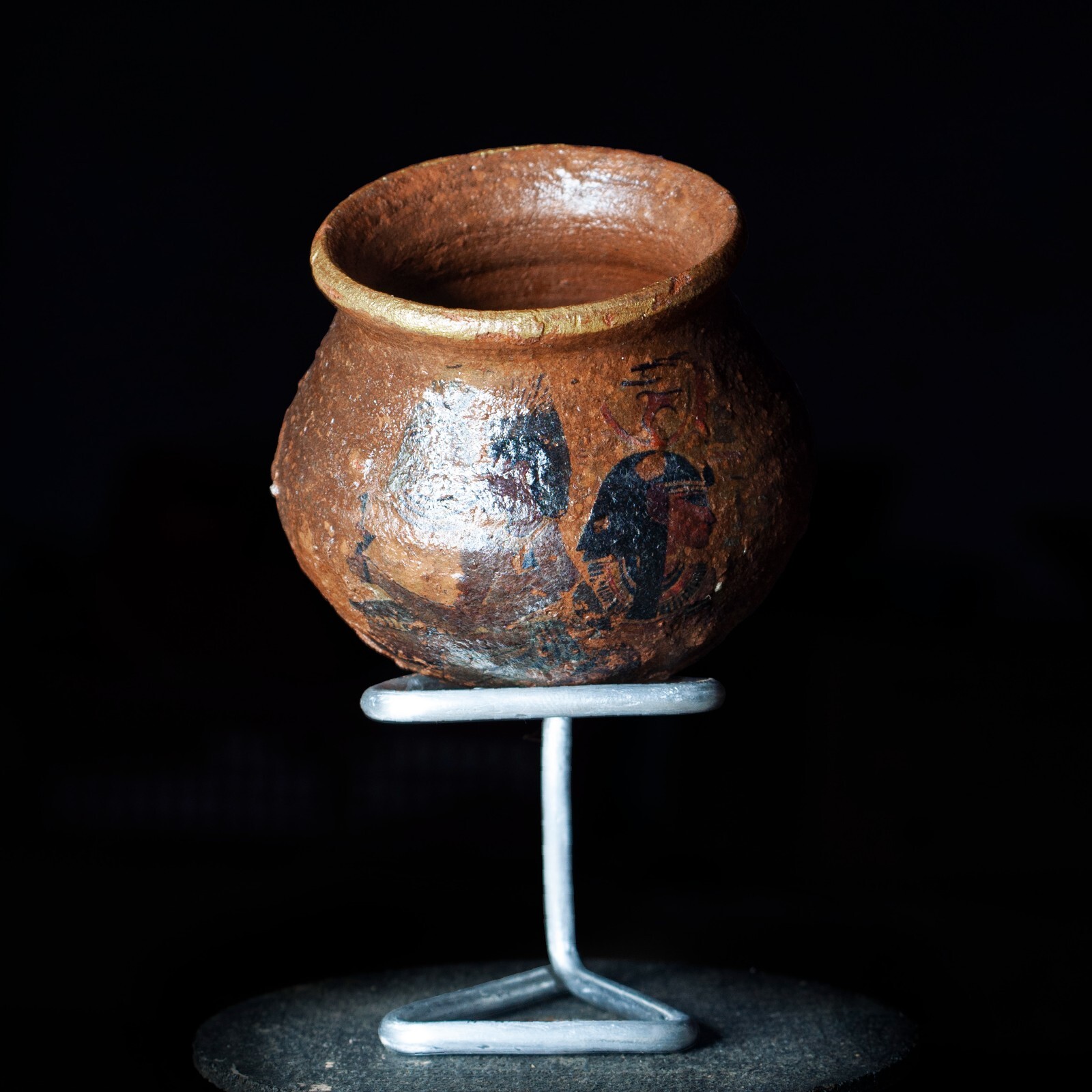 Egyptian Clay Pottery Vase Antique Style Decorative Collectible with Stand