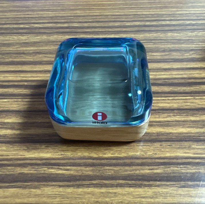 Iittala Vitriini Box Turquoise Blue Glass Lid Oak Container Finland w/ Box NOS