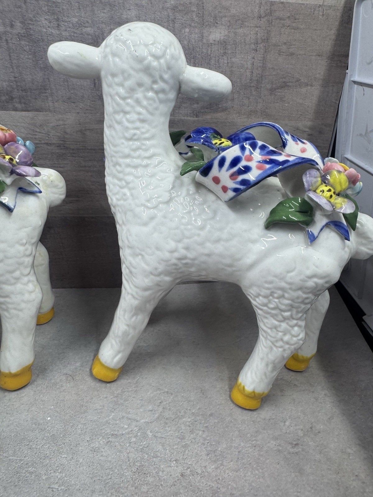 Vintage Porcelain LAMB Figurine Hand-Painted Flowers Capodimonte Style Set Of 2