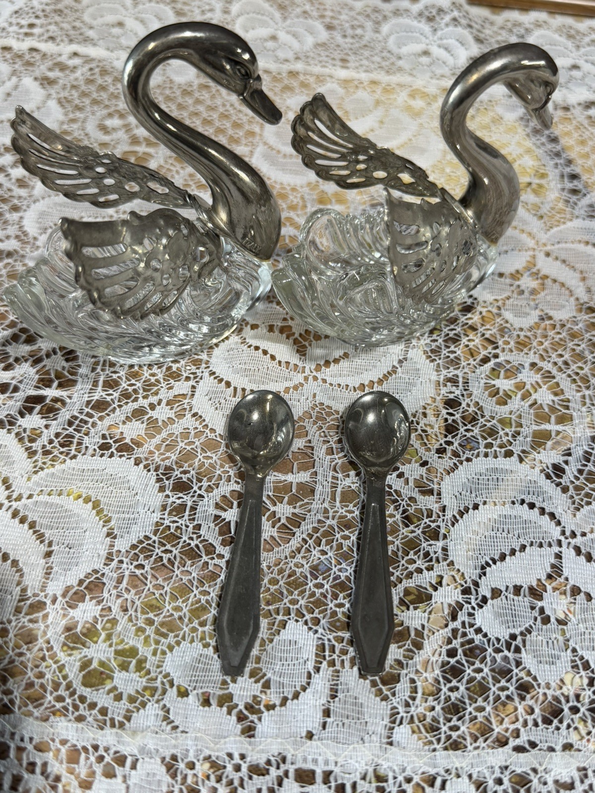 Vintage Italian Silver Plated & Glass Swan SALT & PEPPER HOLDER SET with spoons