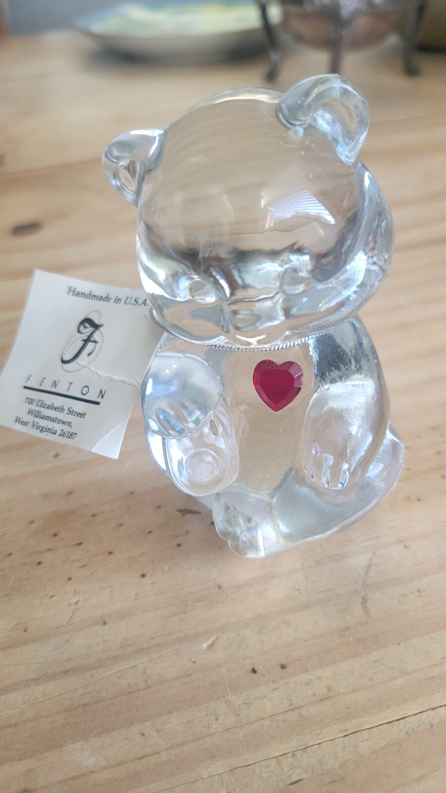 Vintage Fenton Glass Birthday Bear “July” With Tag, red heart, Made In USA